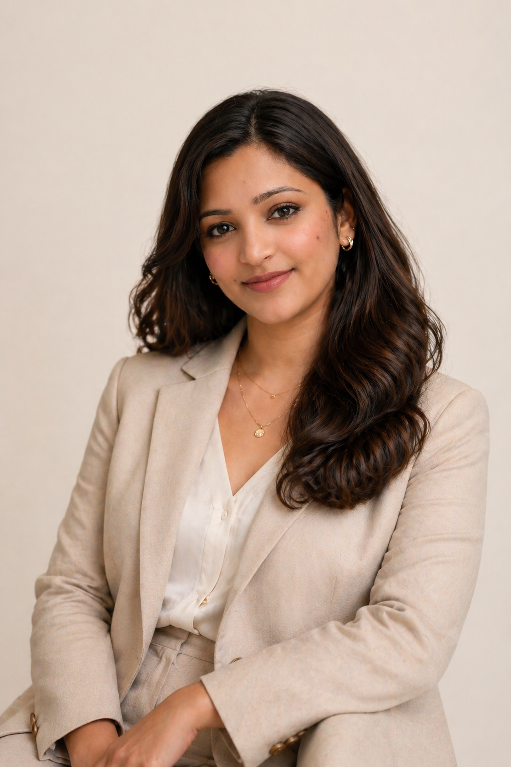Ayushi Mishra, Founder & CEO of MM Designs — portrait in linen blazer against a soft beige backdrop