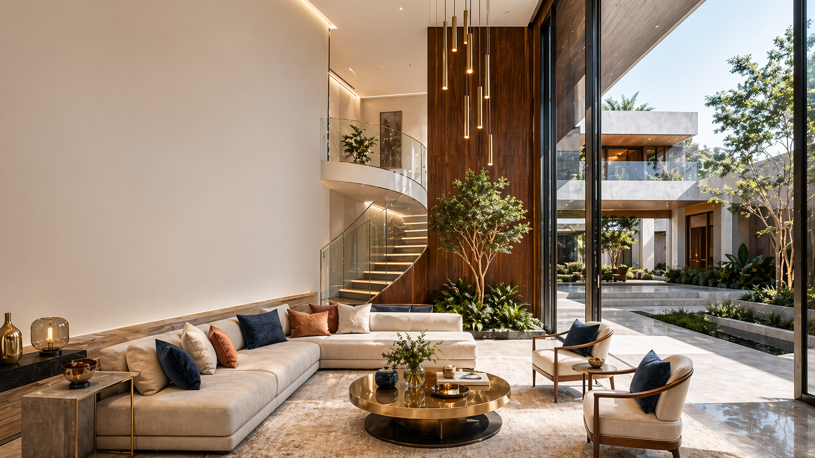 A luxurious double-height Indian residential interior with curved staircase, marble floor and warm courtyard view