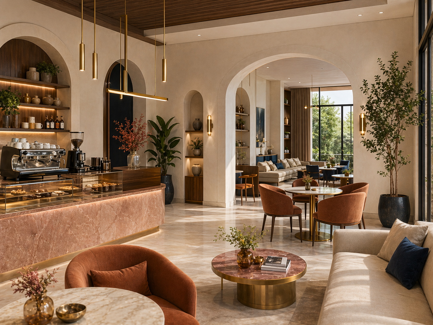 Hospitality lounge and cafe interior with arched openings, brass pendants and rose marble bar
