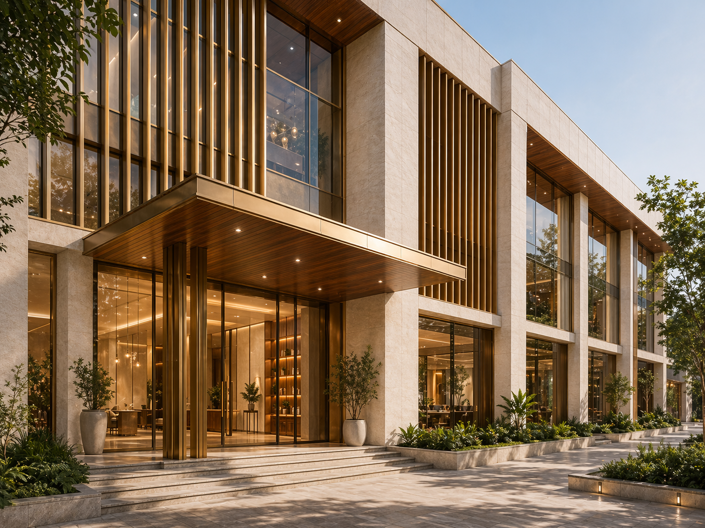 Stone-and-glass commercial building entrance designed by MM Designs