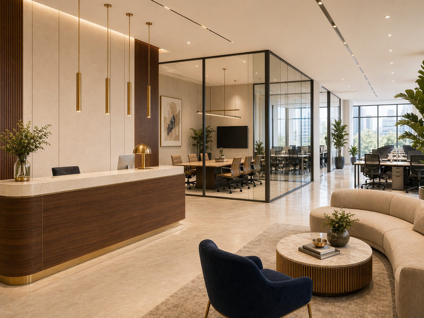 Modern flexible workplace with phone pods, open desks and biophilic planting