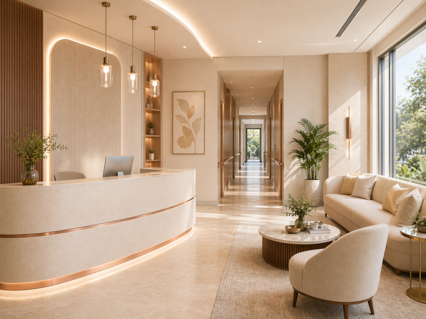 Wellness spa interior with calm material palette and biophilic accents