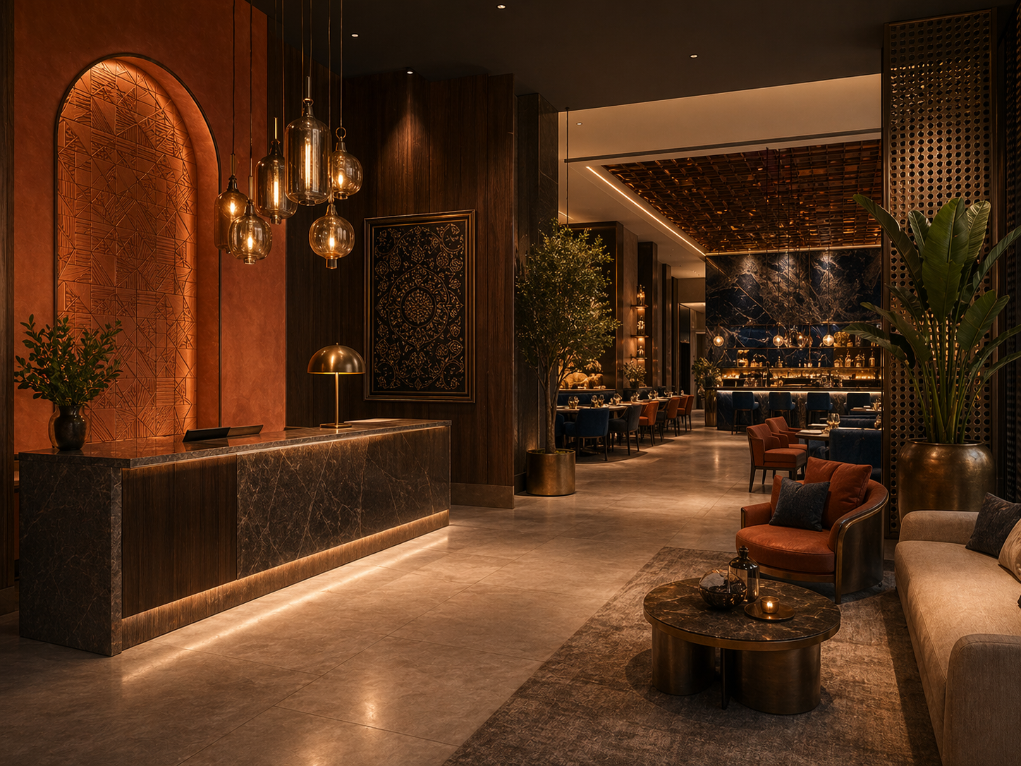 Boutique hospitality interior with brass and timber