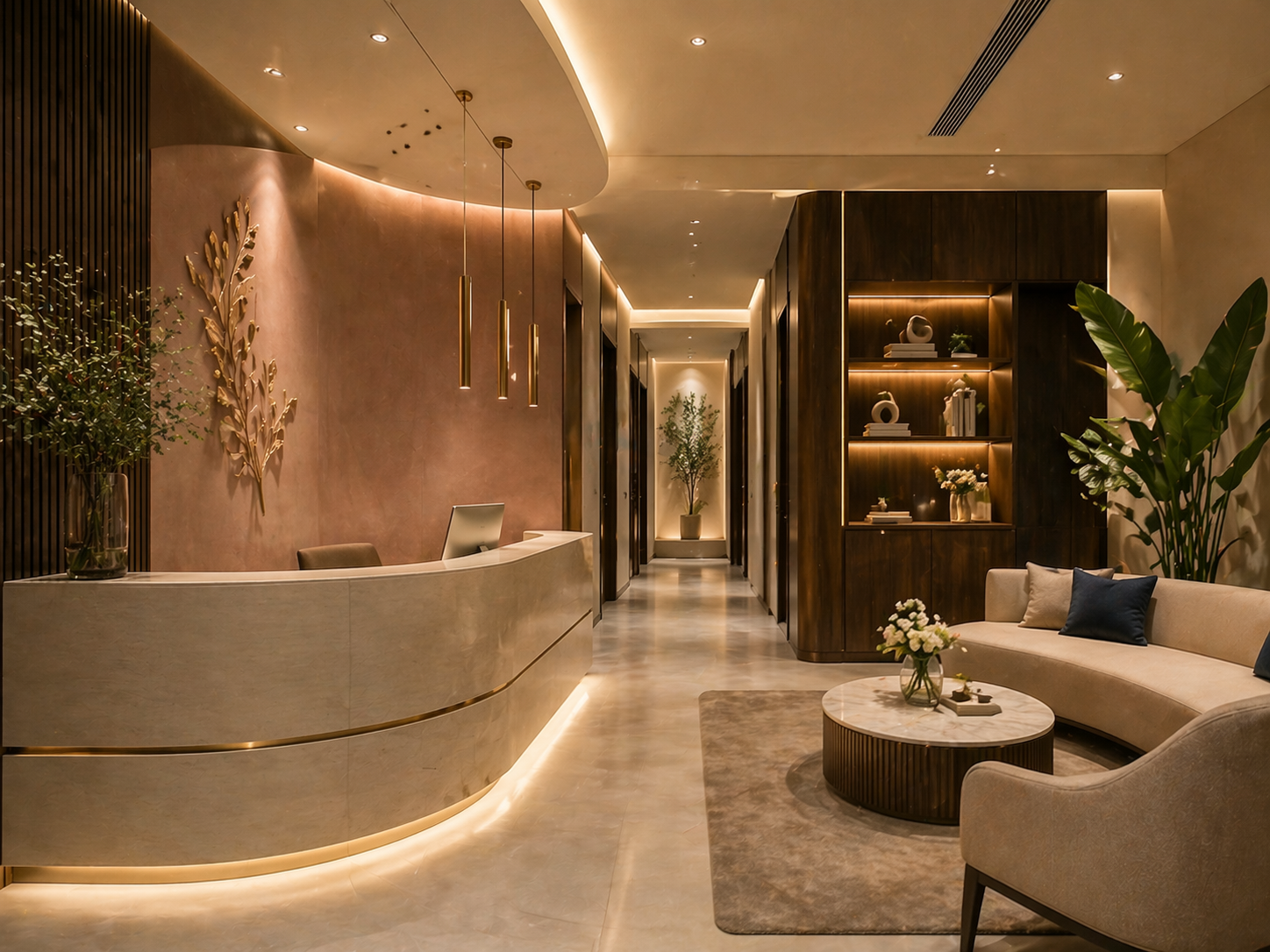 Commercial lobby interior with curated art display