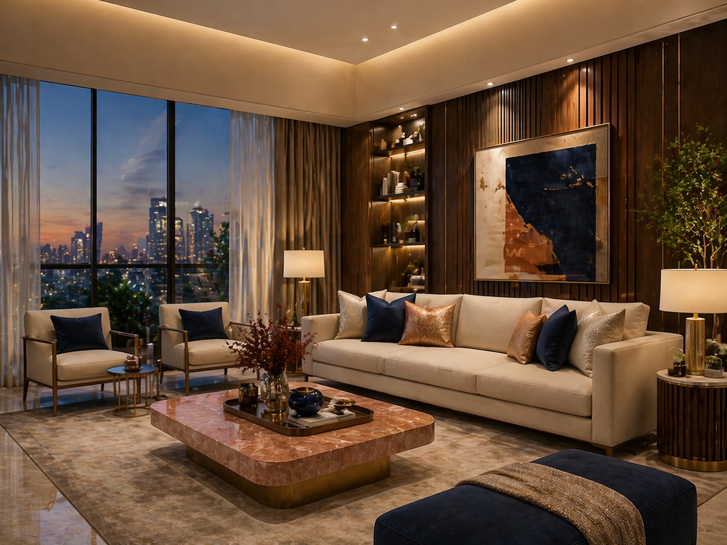 Luxury Indian residence with double-height ceiling, layered lighting and curated joinery