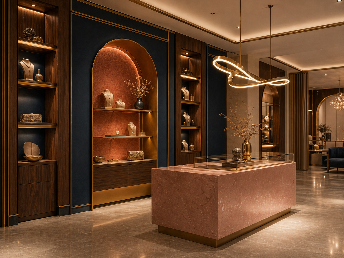 Premium jewellery retail showroom with brand-led lighting and material palette