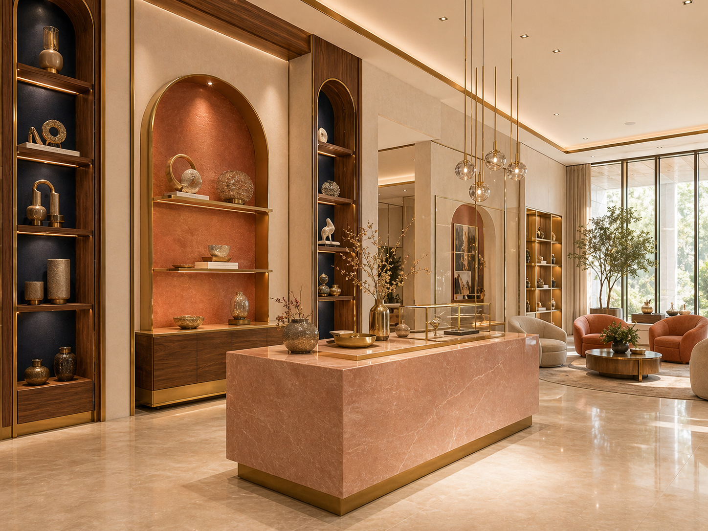 Premium retail showroom with copper-rose shelving, arched display and warm marble