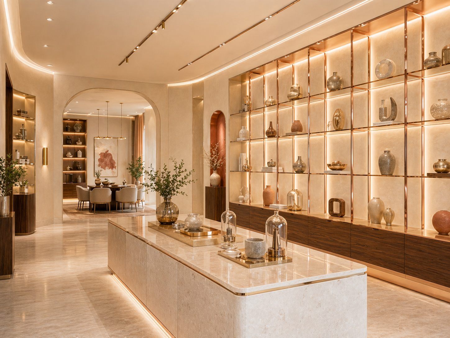 Premium retail showroom with feature lighting and brand storytelling