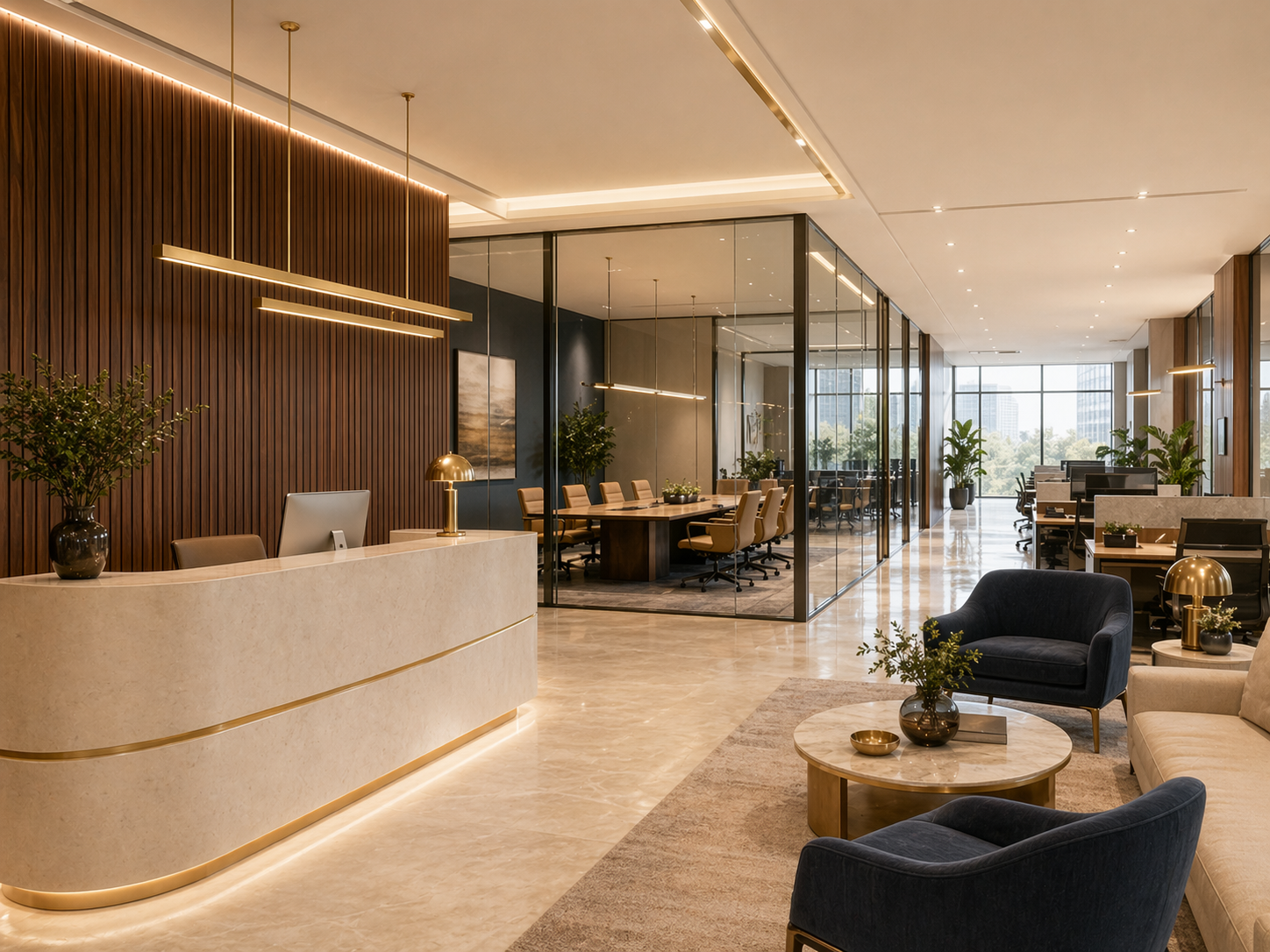 Brand-led corporate workplace with collaborative zones and natural light