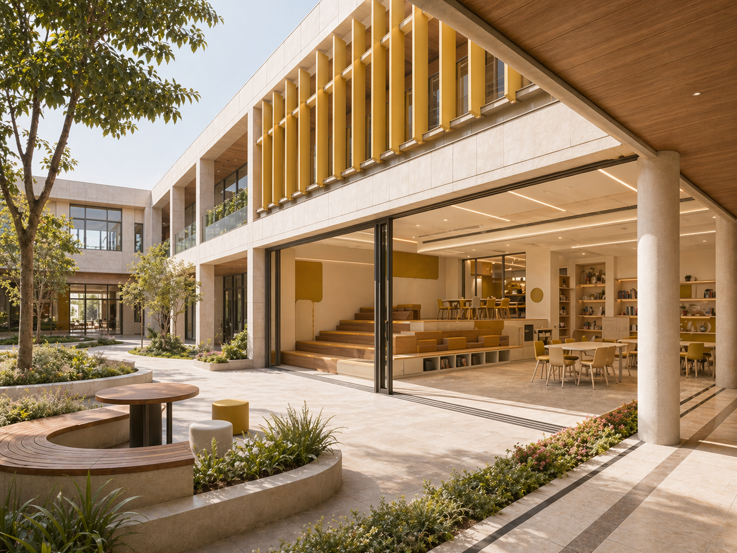 Institutional architecture with sunlit courtyard and considered material restraint