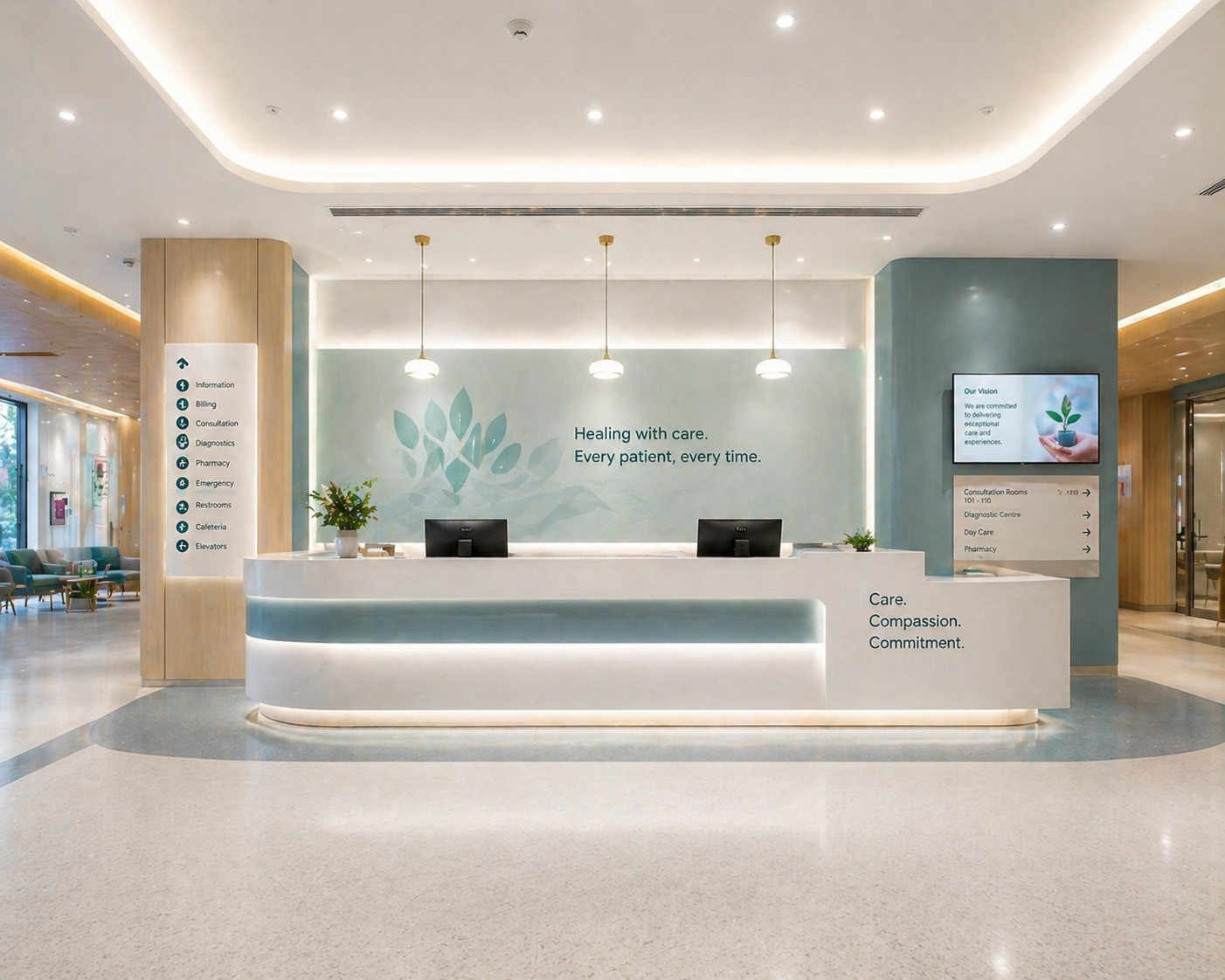 Calm healthcare reception with warm timber slatting and considered material palette