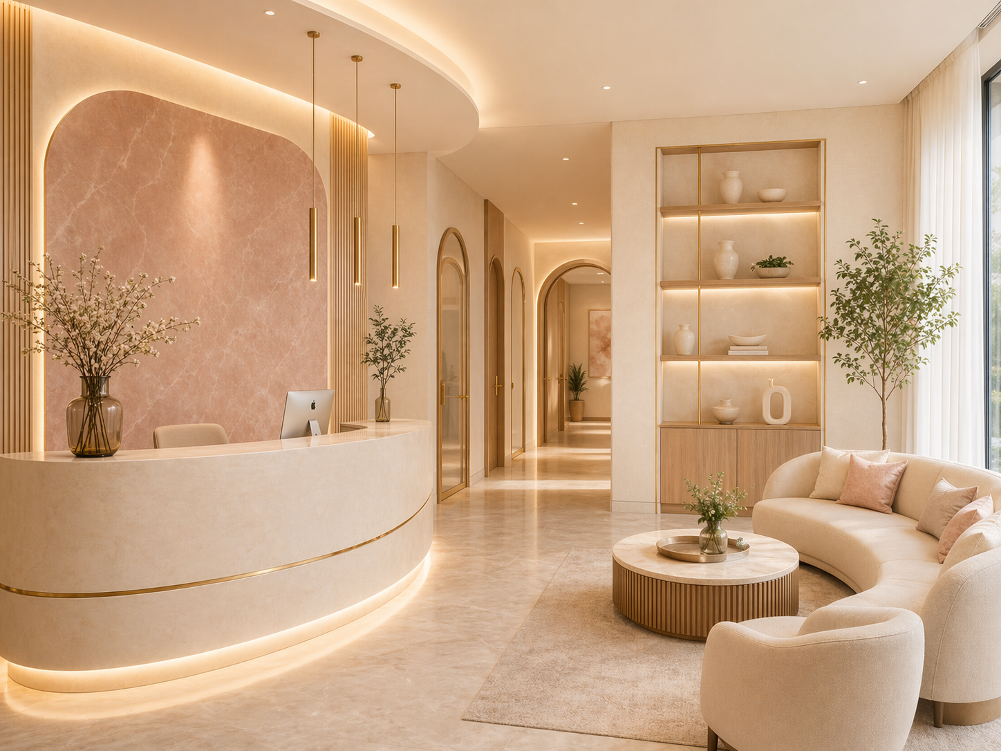 Calm healthcare reception with biophilic mural and pendant lighting