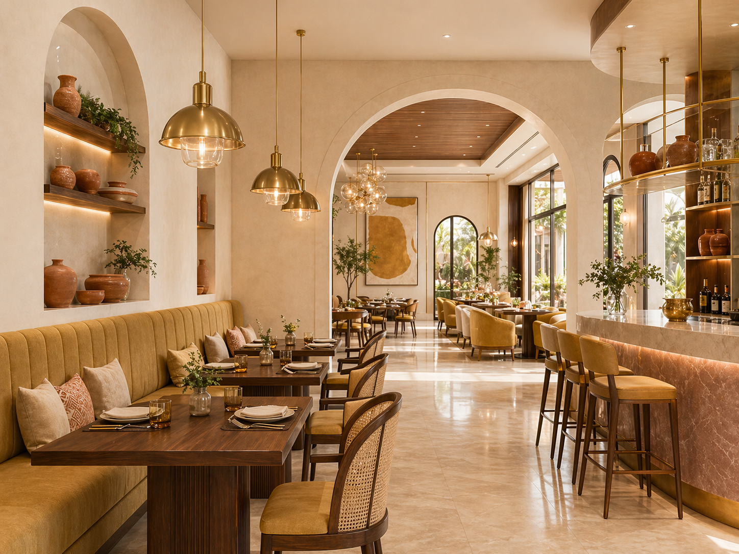 Atmospheric hospitality lounge interior with brass pendants