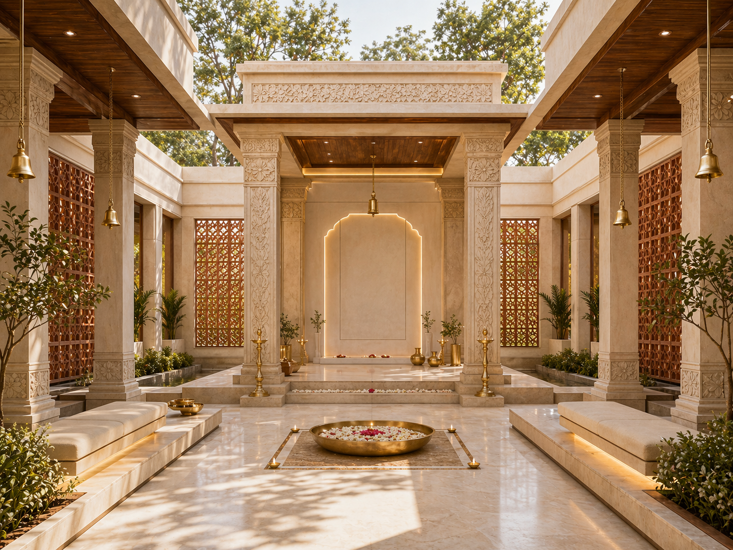 Marble and brass temple courtyard with carved jaalis and hanging bells