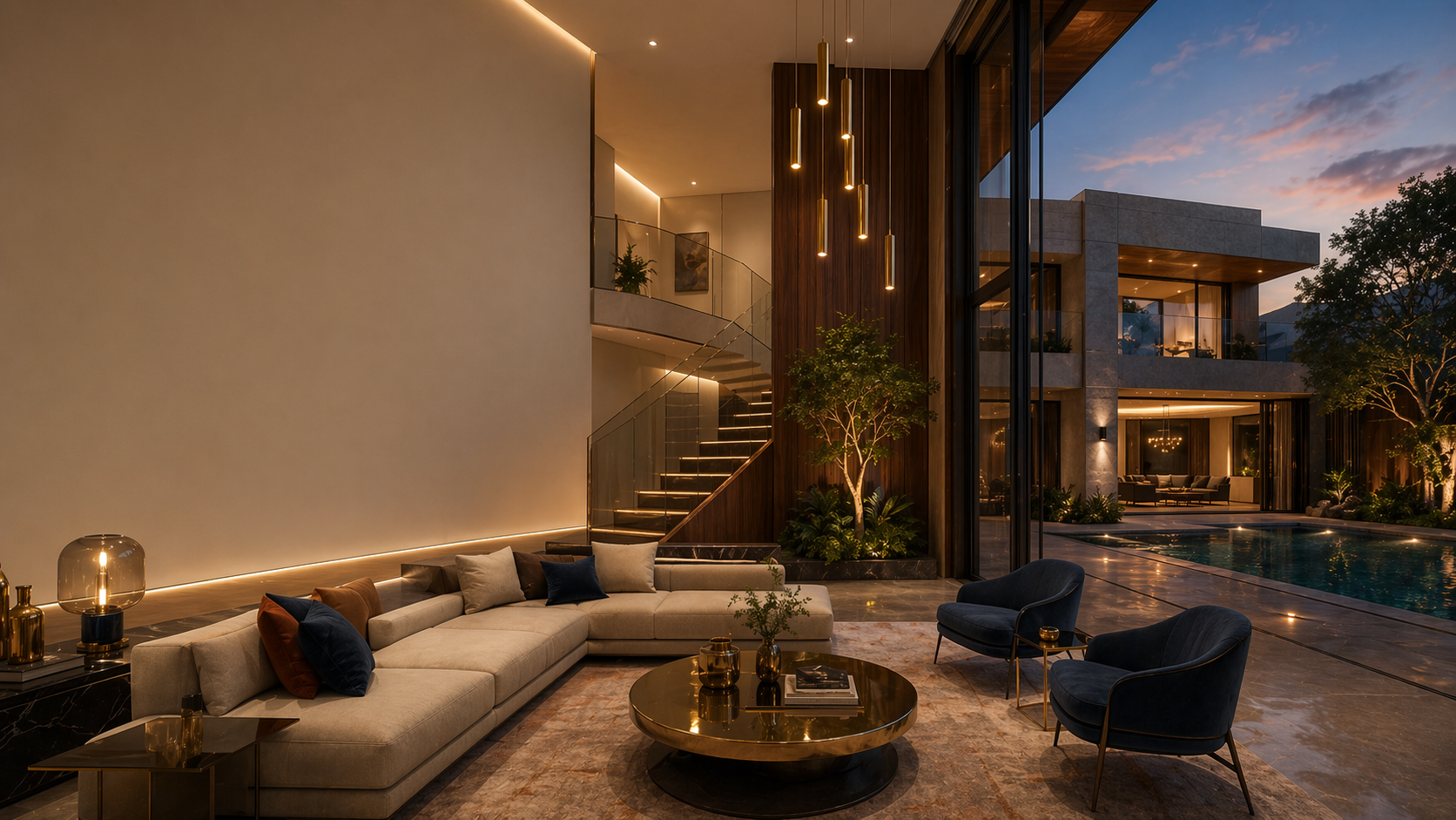 Refined residential interior with warm wood, marble and brass detailing