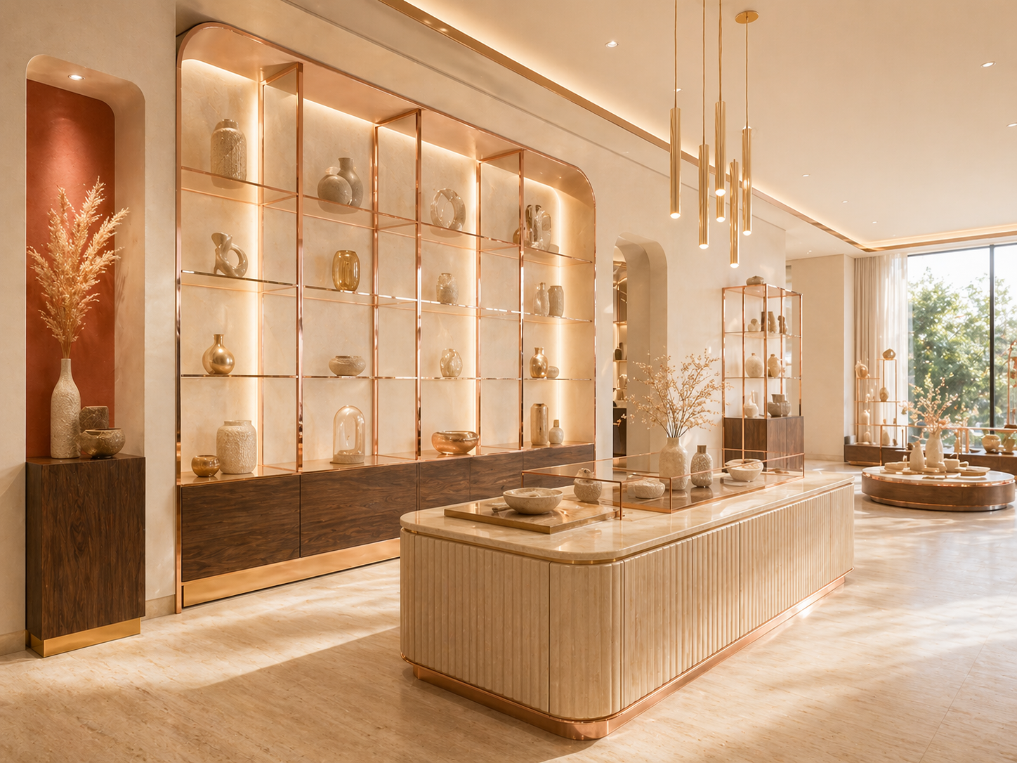 Brand-led retail interior with copper shelving and warm display lighting