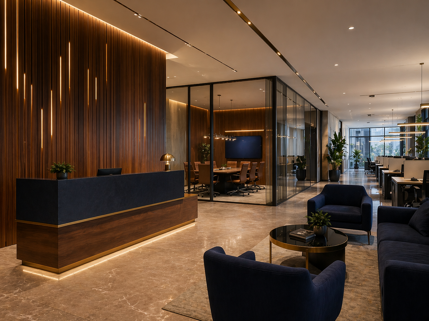 Modern Indian workplace interior with collaborative zones and natural light